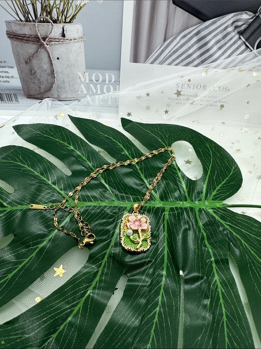 Gold Flower Pendant Necklace with Pink Enamel